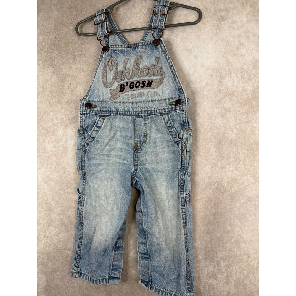 Oshkosh B'gosh Denim Overalls Light Wash Logo Patch Kids 18 Months Snap Crotch - Picture 2 of 5